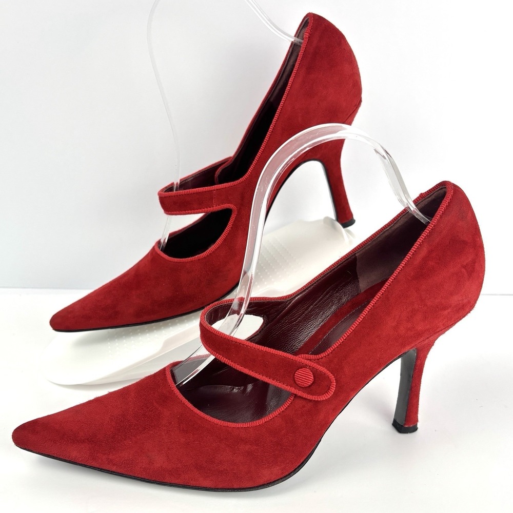 Via Spiga Red Suede Mary Jane Pumps Heels Women's 8.5 M Italy Pointed Toe 39 EU - Picture 3 of 13